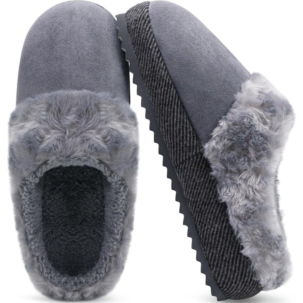 imageONCAI Womam Slippers with Cushion Yoga Mat Faux Fur Lining Fuzzy Suede Warm Winter House Slippers Shoes Ladies Indoor and Outdoor Cozy Rubber Sole US Size 511Grey