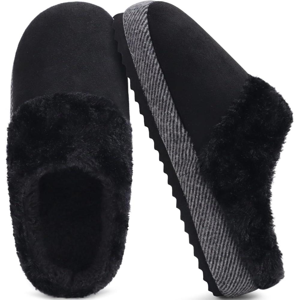 imageONCAI Womam Slippers with Cushion Yoga Mat Faux Fur Lining Fuzzy Suede Warm Winter House Slippers Shoes Ladies Indoor and Outdoor Cozy Rubber Sole US Size 511Black