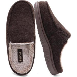 ONCAI Mens Felt Slippers Wool and Cotton-Blend High-Density Memory Foam House Shoes with Indoor and Outdoor Rubber Soles (US Size 7-15)(Brown)