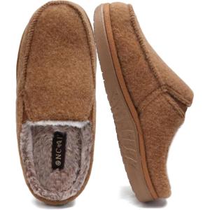 ONCAI Mens Felt Slippers Wool and Cotton-Blend High-Density Memory Foam House Shoes with Indoor and Outdoor Rubber Soles (US Size 7-15)(Khaki)