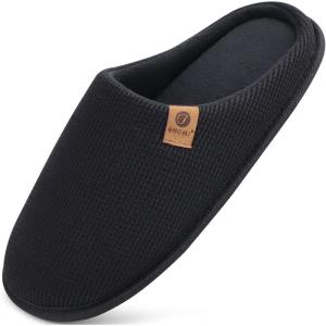 ONCAI Men’s House Slippers, Cushion Memory Foam Shake Fleece and Man House Shoes with Faux Fur Lining and Indoor Outdoor Rubber Soles US Size 7-15(Black)