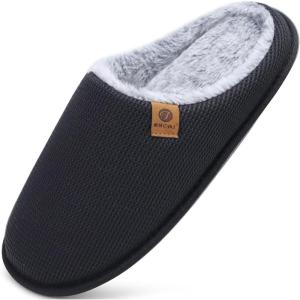 ONCAI Men’s House Slippers, Cushion Memory Foam Shake Fleece and Man House Shoes with Faux Fur Lining and Indoor Outdoor Rubber Soles US Size 7-15(Plush Black)