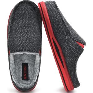 ONCAI Mens Slippers with Arch Support Stripe Faux Fur Cotton-Blend High-Density Memory Foam Warm House Slippers for man Slip-on Indoor Outdoor Rubber Sole Size 7-16(Black/Red)
