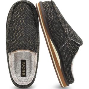 ONCAI Mens Slippers with Arch Support Stripe Faux Fur Cotton-Blend High-Density Memory Foam Warm House Slippers for man Slip-on Indoor Outdoor Rubber Sole Size 7-16(Dark Brown)