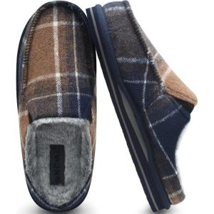 ONCAI Mens Slippers with Arch Support Stripe Faux Fur Cotton-Blend High-Density Memory Foam Warm House Slippers for man Slip-on Indoor Outdoor Rubber Sole Size 7-16(Fade Blue)