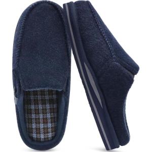 ONCAI Mens Slippers with Arch Support Stripe Faux Fur Cotton-Blend High-Density Memory Foam Warm House Slippers for man Slip-on Indoor Outdoor Rubber Sole Size 7-16(Felt Blue)