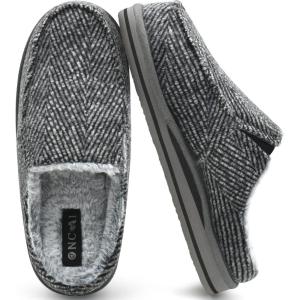 ONCAI Mens Slippers with Arch Support Stripe Faux Fur Cotton-Blend High-Density Memory Foam Warm House Slippers for man Slip-on Indoor Outdoor Rubber Sole Size 7-16(Grey)