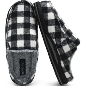 ONCAI Mens Slippers with Arch Support Stripe Faux Fur Cotton-Blend High-Density Memory Foam Warm House Slippers for man Slip-on Indoor Outdoor Rubber Sole Size 7-16(Plaid Black/White)