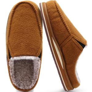 ONCAI Mens Slippers with Arch Support Stripe Faux Fur Cotton-Blend High-Density Memory Foam Warm House Slippers for man Slip-on Indoor Outdoor Rubber Sole Size 7-16(Plush Felt Khaki)