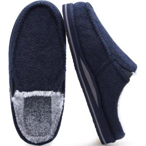 ONCAI Mens Slippers with Arch Support Stripe Faux Fur Cotton-Blend High-Density Memory Foam Warm House Slippers for man Slip-on Indoor Outdoor Rubber Sole Size 7-16(Plush Felt Blue)