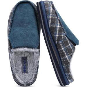 ONCAI Mens Slippers with Arch Support Stripe Faux Fur Cotton-Blend High-Density Memory Foam Warm House Slippers for man Slip-on Indoor Outdoor Rubber Sole Size 7-16(Fur Plaid Blue)