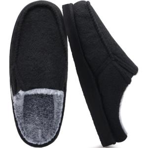 ONCAI Mens Slippers with Arch Support Stripe Faux Fur Cotton-Blend High-Density Memory Foam Warm House Slippers for man Slip-on Indoor Outdoor Rubber Sole Size 7-16(Plush Felt Black)