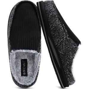 ONCAI Mens Slippers with Arch Support Stripe Faux Fur Cotton-Blend High-Density Memory Foam Warm House Slippers for man Slip-on Indoor Outdoor Rubber Sole Size 7-16(Corduroy Black)
