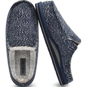 ONCAI Mens Slippers with Arch Support Stripe Faux Fur Cotton-Blend High-Density Memory Foam Warm House Slippers for man Slip-on Indoor Outdoor Rubber Sole Size 7-16(Light Blue)
