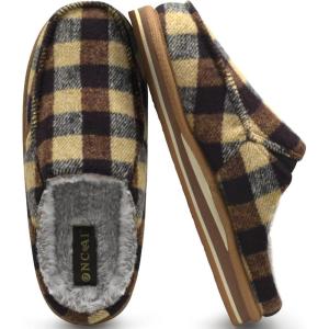 ONCAI Mens Slippers with Arch Support Stripe Faux Fur Cotton-Blend High-Density Memory Foam Warm House Slippers for man Slip-on Indoor Outdoor Rubber Sole Size 7-16(Plaid Khaki)