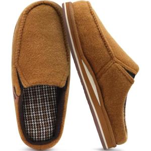 ONCAI Mens Slippers with Arch Support Stripe Faux Fur Cotton-Blend High-Density Memory Foam Warm House Slippers for man Slip-on Indoor Outdoor Rubber Sole Size 7-16(Felt Khaki)