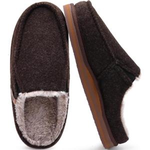 ONCAI Mens Slippers with Arch Support Stripe Faux Fur Cotton-Blend High-Density Memory Foam Warm House Slippers for man Slip-on Indoor Outdoor Rubber Sole Size 7-16(Plush Felt Brown)