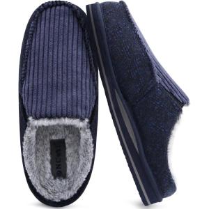 ONCAI Mens Slippers with Arch Support Stripe Faux Fur Cotton-Blend High-Density Memory Foam Warm House Slippers for man Slip-on Indoor Outdoor Rubber Sole Size 7-16(Corduroy Blue)