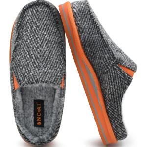 ONCAI Mens Slippers with Arch Support Stripe Faux Fur Cotton-Blend High-Density Memory Foam Warm House Slippers for man Slip-on Indoor Outdoor Rubber Sole Size 7-16(Grey/Orange)