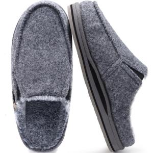 ONCAI Mens Slippers with Arch Support Stripe Faux Fur Cotton-Blend High-Density Memory Foam Warm House Slippers for man Slip-on Indoor Outdoor Rubber Sole Size 7-16(Plush Felt Grey)