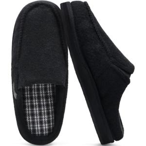 ONCAI Mens Slippers with Arch Support Stripe Faux Fur Cotton-Blend High-Density Memory Foam Warm House Slippers for man Slip-on Indoor Outdoor Rubber Sole Size 7-16(Felt Black)
