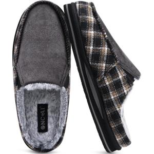 ONCAI Mens Slippers with Arch Support Stripe Faux Fur Cotton-Blend High-Density Memory Foam Warm House Slippers for man Slip-on Indoor Outdoor Rubber Sole Size 7-16(Fur Plaid Black)