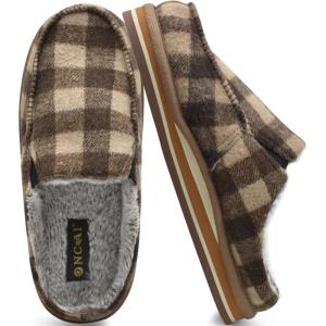 ONCAI Mens Slippers with Arch Support Stripe Faux Fur Cotton-Blend High-Density Memory Foam Warm House Slippers for man Slip-on Indoor Outdoor Rubber Sole Size 7-16(Plaid Brown)