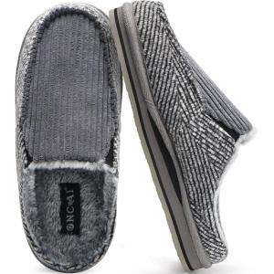 ONCAI Mens Slippers with Arch Support Stripe Faux Fur Cotton-Blend High-Density Memory Foam Warm House Slippers for man Slip-on Indoor Outdoor Rubber Sole Size 7-16(Corduroy Grey)