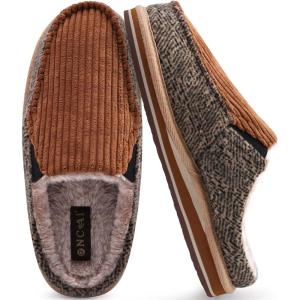 ONCAI Mens Slippers with Arch Support Stripe Faux Fur Cotton-Blend High-Density Memory Foam Warm House Slippers for man Slip-on Indoor Outdoor Rubber Sole Size 7-16(Corduroy Khaki)