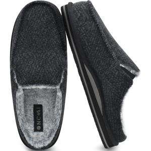ONCAI Mens Slippers with Arch Support Stripe Faux Fur Cotton-Blend High-Density Memory Foam Warm House Slippers for man Slip-on Indoor Outdoor Rubber Sole Size 7-16(Black)