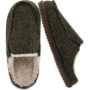 ONCAI Mens Slippers,Warm Comfort Memory Foam Cotton-Blend Corduroy Stripe Faux Fur House Shoes for Man Indoor/Outdoor with Non-slip Rubber Soles US Size 7-16(Stripes Brown)