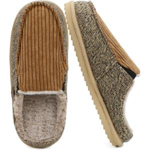ONCAI Mens Slippers,Warm Comfort Memory Foam Cotton-Blend Corduroy Stripe Faux Fur House Shoes for Man Indoor/Outdoor with Non-slip Rubber Soles US Size 7-16(Corduroy Khaki)