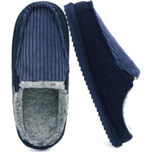 ONCAI Mens Slippers,Warm Comfort Memory Foam Cotton-Blend Corduroy Stripe Faux Fur House Shoes for Man Indoor/Outdoor with Non-slip Rubber Soles US Size 7-16(Corduroy Blue)
