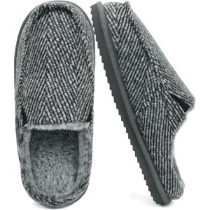 ONCAI Mens Slippers,Warm Comfort Memory Foam Cotton-Blend Corduroy Stripe Faux Fur House Shoes for Man Indoor/Outdoor with Non-slip Rubber Soles US Size 7-16(Stripes Grey)