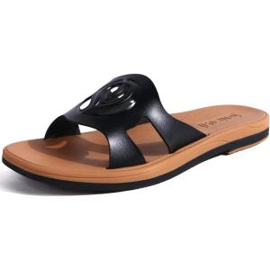 ONCAI Slides for Womens,Flat Dressy Square Toe Summer Beach Sandals for Woman with Comfortable Non-slip Rubber Soles Size 6-11(Fashion Black/Khaki)