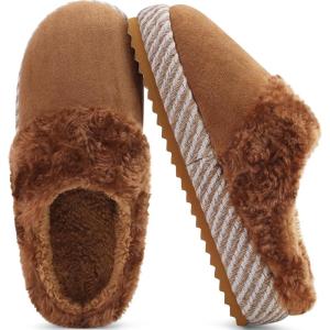 ONCAI Womam Slippers with Cushion Yoga Mat Faux Fur Lining Fuzzy Suede Warm Winter House Slippers Shoes Ladies Indoor and Outdoor Cozy Rubber Sole US Size 5-11(Khaki)