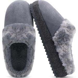 ONCAI Womam Slippers with Cushion Yoga Mat Faux Fur Lining Fuzzy Suede Warm Winter House Slippers Shoes Ladies Indoor and Outdoor Cozy Rubber Sole US Size 5-11(Grey)