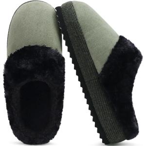 ONCAI Womam Slippers with Cushion Yoga Mat Faux Fur Lining Fuzzy Suede Warm Winter House Slippers Shoes Ladies Indoor and Outdoor Cozy Rubber Sole US Size 5-11(Green/Black)
