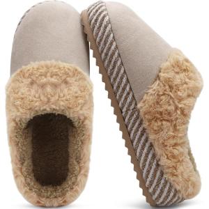 ONCAI Womam Slippers with Cushion Yoga Mat Faux Fur Lining Fuzzy Suede Warm Winter House Slippers Shoes Ladies Indoor and Outdoor Cozy Rubber Sole US Size 5-11(Beige/Khaki)