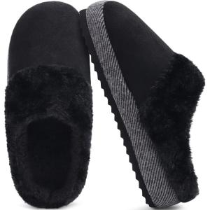 ONCAI Womam Slippers with Cushion Yoga Mat Faux Fur Lining Fuzzy Suede Warm Winter House Slippers Shoes Ladies Indoor and Outdoor Cozy Rubber Sole US Size 5-11(Black)