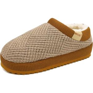ONCAI Women’s Slippers Booties with Cashmere,Faux Fur Fleece Wool Woman House Shoes with Outdoor/Indoor Thick Rubber Soles(Beige&khaki)