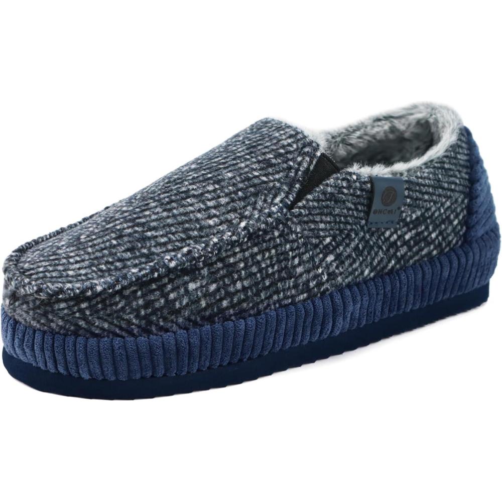 imageONCAI Mens Slippers CottonBlend Moccasins Warm Closed Back Corduroy House Slippers with HighDensity Felt Fuzzy Indoor Outdoor Comfortale Yoga Mat Rubber Soles US Size 715Moccasins BlueWhite