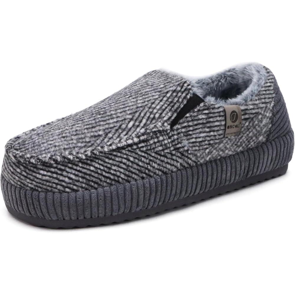 imageONCAI Mens Slippers CottonBlend Moccasins Warm Closed Back Corduroy House Slippers with HighDensity Felt Fuzzy Indoor Outdoor Comfortale Yoga Mat Rubber Soles US Size 715Moccasins GreyWhite