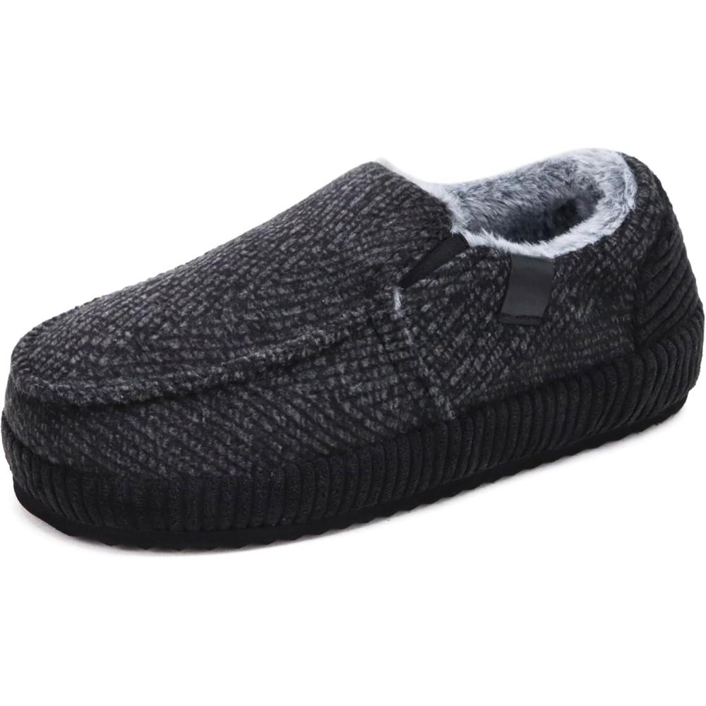imageONCAI Mens Slippers CottonBlend Moccasins Warm Closed Back Corduroy House Slippers with HighDensity Felt Fuzzy Indoor Outdoor Comfortale Yoga Mat Rubber Soles US Size 715Moccasins BlackWhite