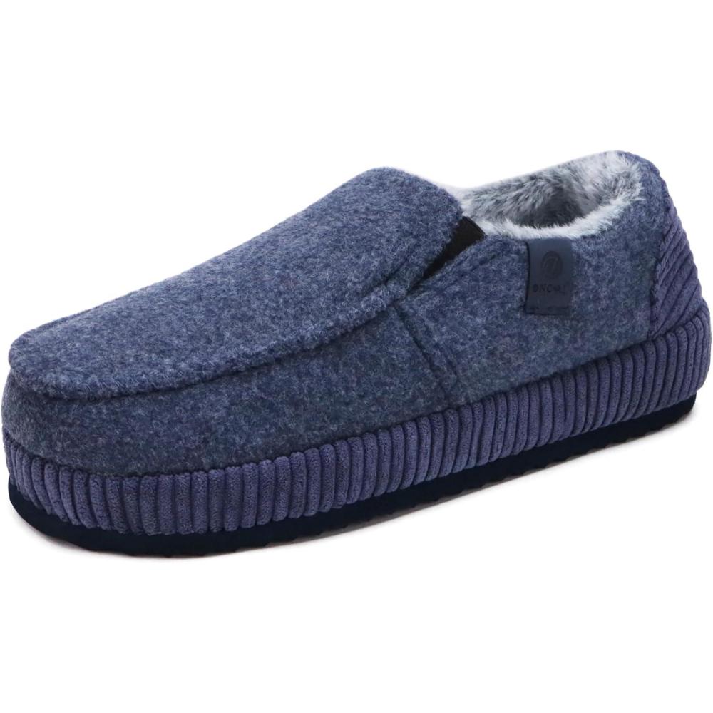 imageONCAI Mens Slippers CottonBlend Moccasins Warm Closed Back Corduroy House Slippers with HighDensity Felt Fuzzy Indoor Outdoor Comfortale Yoga Mat Rubber Soles US Size 715Moccasins Blue