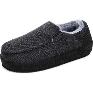 ONCAI Men’s Slippers Cotton-Blend Moccasins Warm Closed Back Corduroy House Slippers with High-Density Felt Fuzzy Indoor Outdoor Comfortale Yoga Mat Rubber Soles US Size 7-15(Moccasins Black/White)