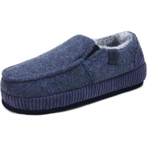 ONCAI Men’s Slippers Cotton-Blend Moccasins Warm Closed Back Corduroy House Slippers with High-Density Felt Fuzzy Indoor Outdoor Comfortale Yoga Mat Rubber Soles US Size 7-15(Moccasins Blue)