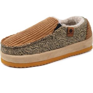 ONCAI Men’s Slippers Cotton-Blend Moccasins Warm Closed Back Corduroy House Slippers with High-Density Felt Fuzzy Indoor Outdoor Comfortale Yoga Mat Rubber Soles US Size 7-15(Moccasins Corduroy Khaki)