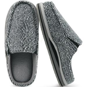 ONCAI Mens Slippers with Arch Support Stripe Faux Fur Cotton-Blend High-Density Memory Foam Warm House Slippers for man Slip-on Indoor Outdoor Rubber Sole Size 7-16(Spring Grey)