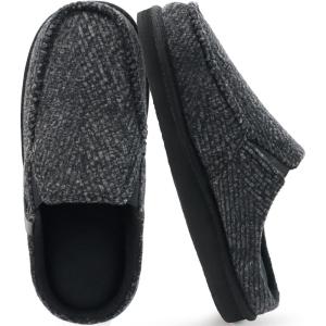 ONCAI Mens Slippers with Arch Support Stripe Faux Fur Cotton-Blend High-Density Memory Foam Warm House Slippers for man Slip-on Indoor Outdoor Rubber Sole Size 7-16(Spring Black)